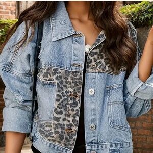 Women's Blue Leopard Patch Jean Jacket NWT